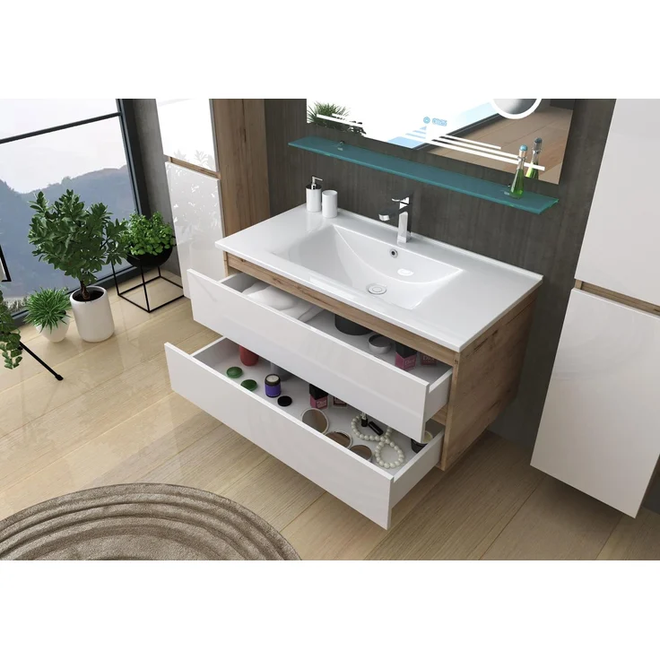 Homeline Badmöbel Set Eiche/Weiß Leonard Hochglanz 60 cm Spiegel incl LED (60, 6, 2X Seitenschränke) – Bild 3