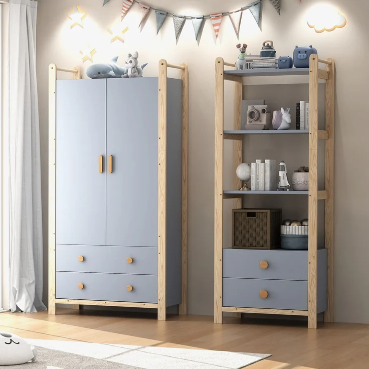 Doppelklappengarderobe, Kombinationsgarderobenset, Garderobe + Regal, Kinderzimmer-Set, Kombinationsmöbel, mit Kleiderstange und Schubladen, Fichtenrahmen, Farbkombination Blau + Naturholz, Höhe 180cm – Bild 2