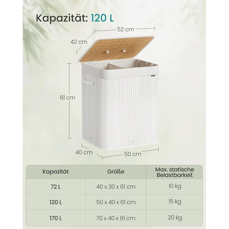 SONGMICS Wäschekorb 2 Fächer, 100 L Wäschesammler mit Deckel, Wäschebox Bambus, mit Griffen, faltbar, Wäschesack herausnehmbar maschinenwaschbar, Waschküche, braun, grau – Bild 6