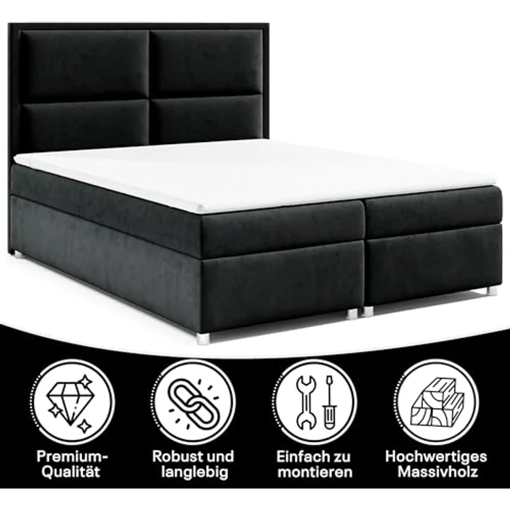 Best For Home Boxbett Trinity K-14, Schwarz, Textil, Größe 200x200 cm, Boxspringbett mit Bettkasten, Höhe ca. 18 cm – Bild 3