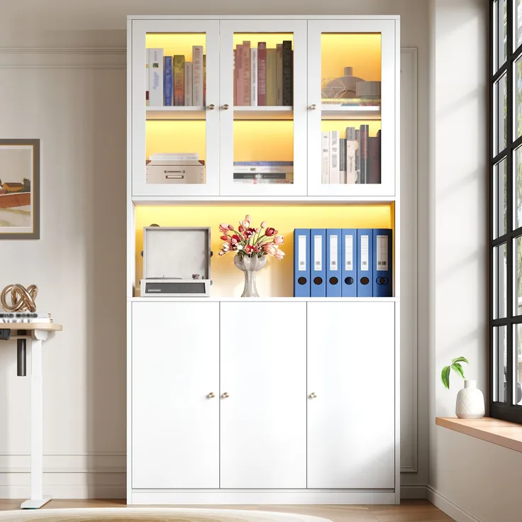 Bücherschrank 100×35×200 cm mit Glastüren und LED-Beleuchtung – Standregal mit Vitrine, offenem Fach und 3 Türen, Aktenschrank für Ordner und Bücher, Weiß--Weiß--100x35x200cm--YOUDENOVA