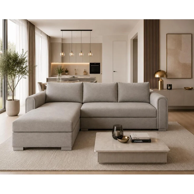 KRISAN MÖBEL Ecksofa NORDI in Hellgrau Universelle Wohnlandschaft mit Schlaffunktion und Bettkasten, 242 × 77 x 145 cm – Bild 5