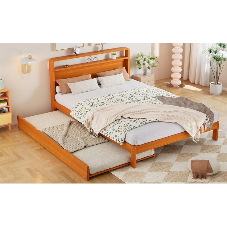 Merax Holzbett, Doppelbett, Kinderbett, 140x200 cm, mit Ausziehbett 90x190 cm, Funktionsbett mit links/rechts montierbarem Gästebett, Natur – Bild 8