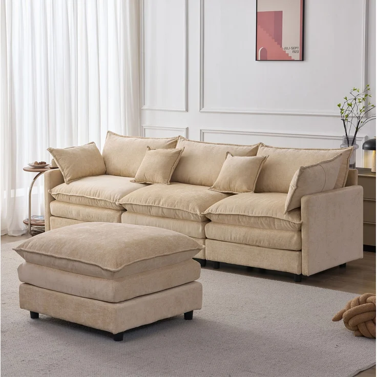 DESVIAE Sofa L-förmig mit Hocker aus Chenille, Hellkaffee, 267 x 154 x 85 cm – Bild 3