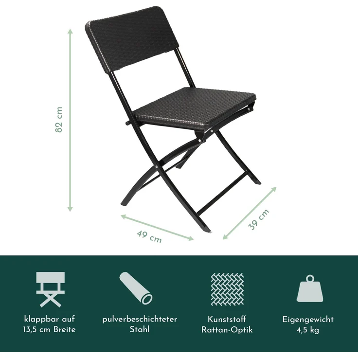 Klappstuhl 2er Set Stühle, schwarz Rattan-Optik, Campingstuhl – Bild 3