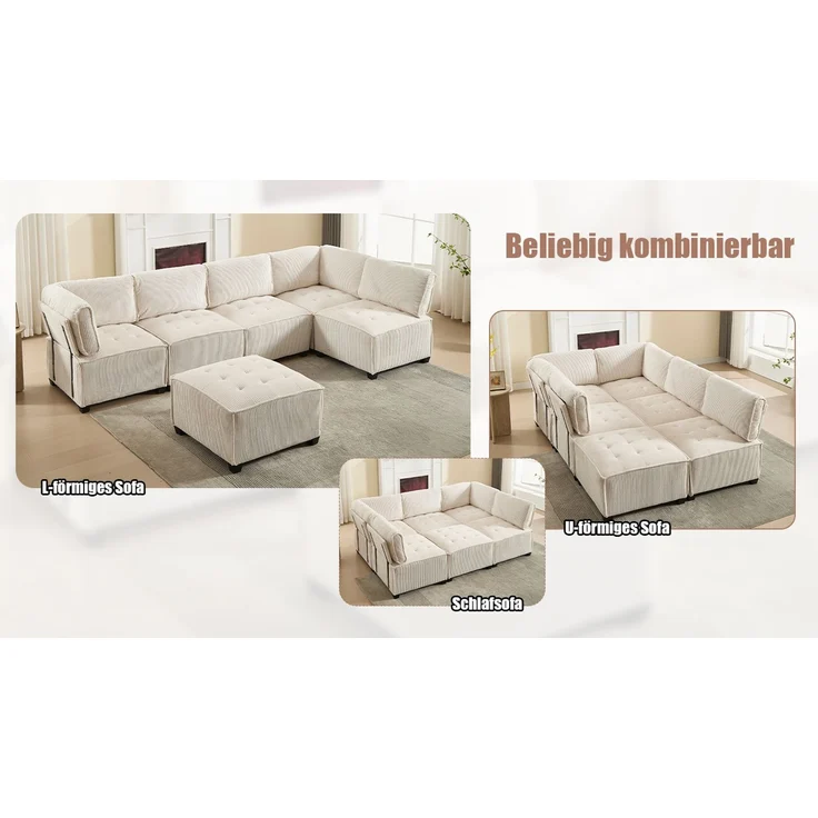 Modulares 6-Sitzer Sofa B 308 x T 154 x H 81,99 cm aus Cord, als U-, L-Form oder Schlafsofa – Bild 5
