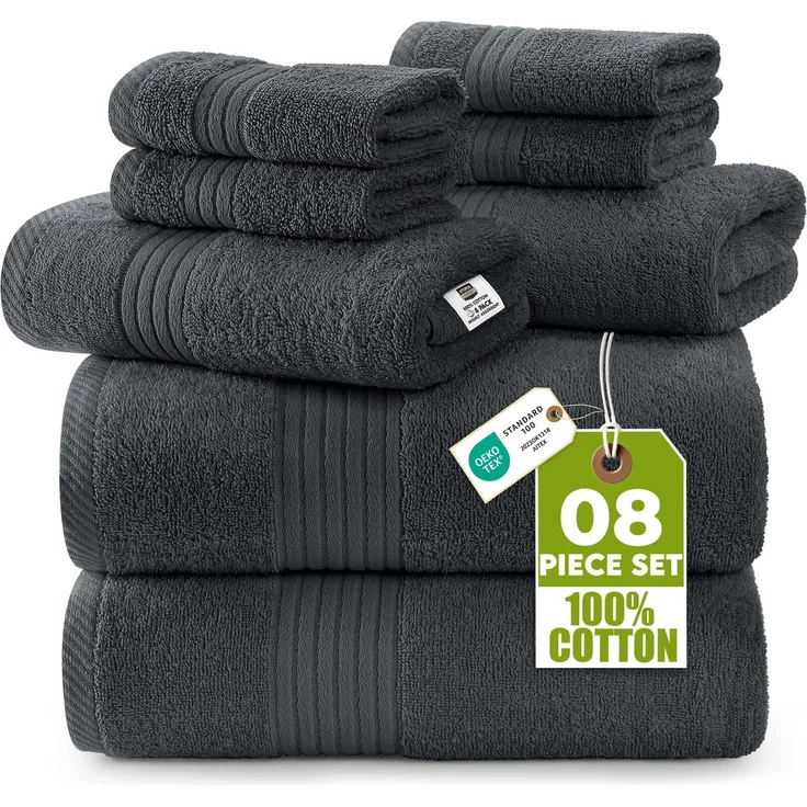 Utopia Towels 8-teiliges Handtücher aus 100% Baumwolle, weich und saugfähig für den täglichen Gebrauch, 2 Badetücher 69 x 137 cm, 2 Handtüchern 41 x 71 cm, 4 Waschlappen 30 x 30 cm (Grau)