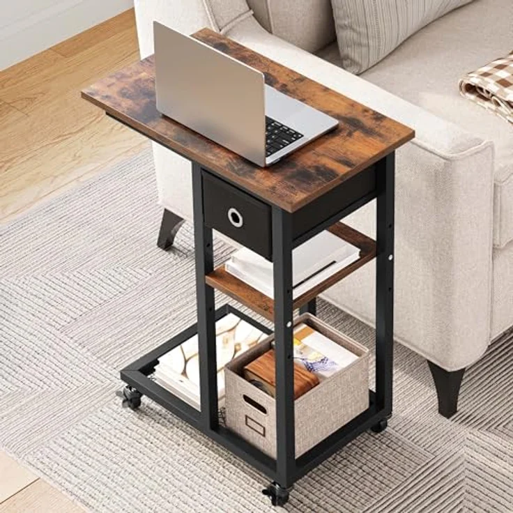 YITAHOME Beistelltisch, C-Form Sofatisch mit Rollen und Schublade，Wohnzimmertisch für Kaffee und Laptop，für Wohnzimmer, Schlafzimmer，50 x 30 x 67cm, Rustikales Braun – Bild 2