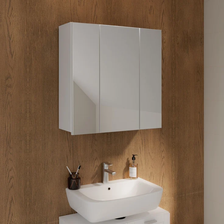 Badezimmerspiegelschrank >LOKKO< 3 Türen, grifflos, Weiss / Spiegel - 69,9x70,3x22,1cm (BxHxT) – Bild 2