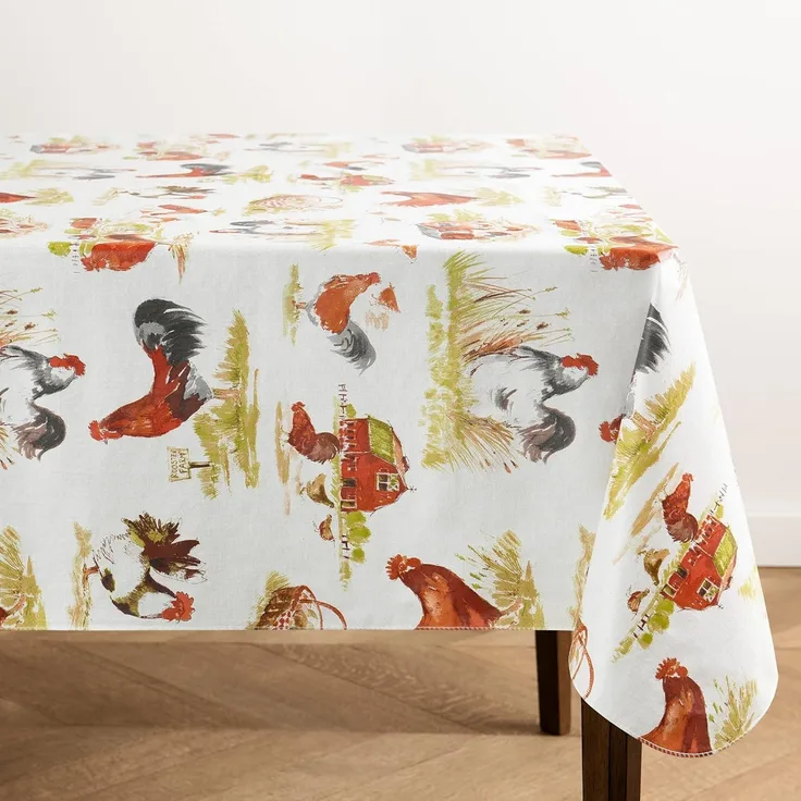 Elrene Home Fashions Vintage Hahn Country Farm Bedruckte Wasser- und schmutzabweisende Vinyl-Tischdecke für drinnen und draußen, Flanell-Rückseite, 132,1x177,8 cm, rechteckig