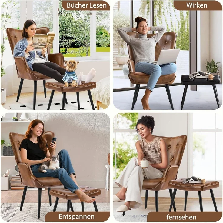 Sessel Ohrensessel Hocker PU Kunstleder Fußstütze mit Hocker Braun – Bild 3