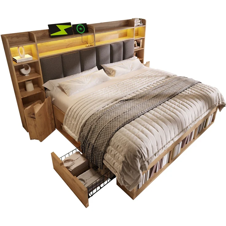 Merax 180x200 cm Doppelbett, Polsterkopfteil mit LED-Beleuchtung, Nachttische mit USB- und Type-C-Anschlüssen, Stauraum und Rollschubladen, Lattenrost aus Holz, Eichefarbe – Bild 9