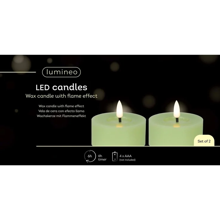 Lumineo LED-Teelichter, Timer, warmweiß, LED Teelichter 7x6cm mit Timer Wachs 2 Stück Hellgrün / Warmweiß – Bild 3
