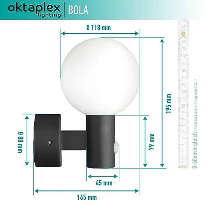 Oktaplex Bola LED Außenlampe, Wandleuchte mit Bewegungsmelder, IP65, 3000K warmweißes Licht, 360° Ausleuchtung, 1600lm, anthrazit – Bild 5