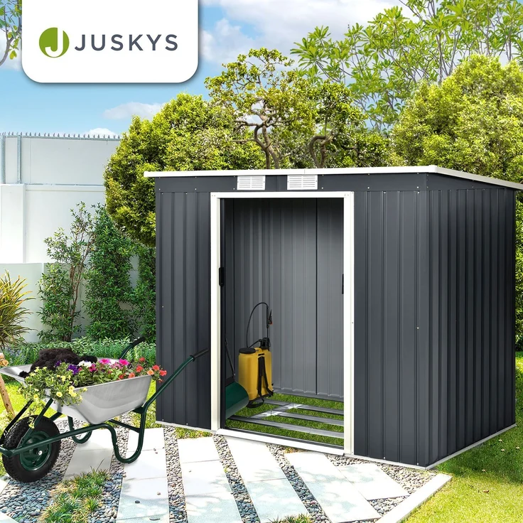 Juskys Metall Gerätehaus M mit Pultdach, Schiebetür & Fundament | 4m³ | 218×132×174 cm | anthrazit | Geräteschuppen Gartenhaus Garten Schuppen – Bild 7