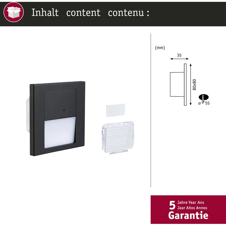 Paulmann 80004 LED Wandeinbauleuchte Tsaro Bewegungsmelder eckig 80x36mm 2700K Schwarz – Bild 6