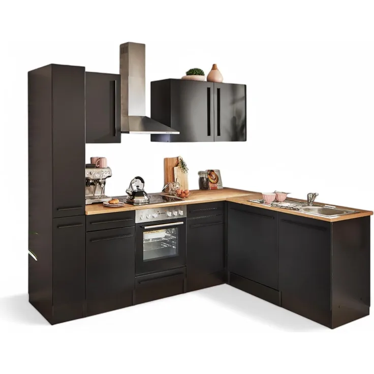 Jazz 8 Moderne Eckküche ohne Elektrogeräte in Schwarz matt, Lanzelot Eiche Optik - Geräumige Küchenzeile in L-Form mit viel Stauraum - 250 x 211 x 60 cm (B/H/T)