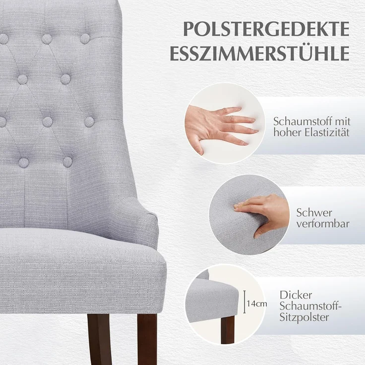 COLAMY Esszimmerstühle 6er Set, Moderne Küchenstuhl Gepolsterte Esszimmerstühle im Wingback, Polsterstuhl Wohnzimmerstuhl mit Knopfsteppung für Esszimmer, Küche, Restaurant mit Holzbeinen, Hellgrau – Bild 4