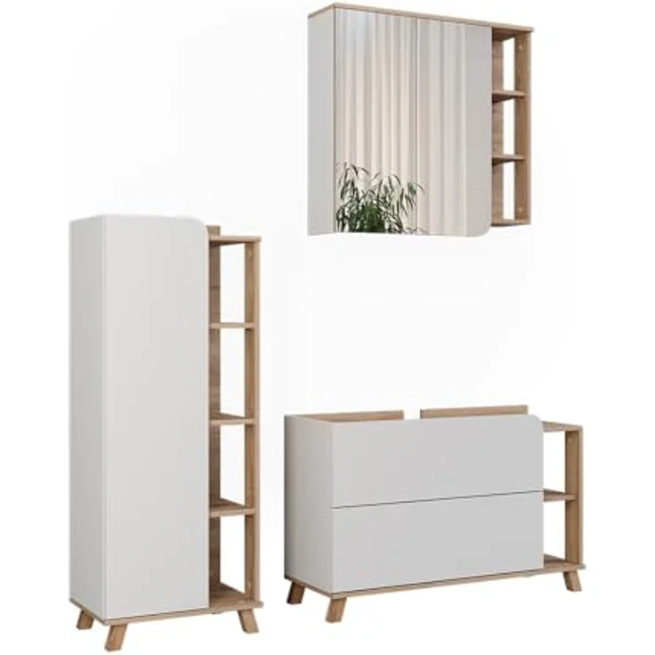 Vichy Badmöbel-Set Karen, Sonoma/Weiss, 3 Teile mit integrierter Beleuchtung und geräumigem Waschbeckenunterschrank – Bild 1