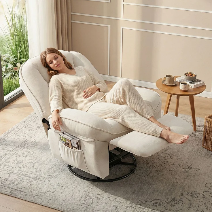 Wohnora-Relaxsessel, Drehbarer Schaukel- und Liegestuhl mit Tiefer Sitzfläche, Dickem Rückenpolster, Einfacher Montage, Creme,H 1040cm x T 930cm x B 910cm,Cremeweiß – Bild 2
