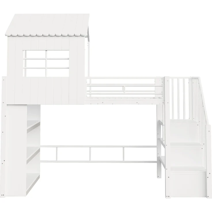 Merax Hochbett 90×200 cm, Kinderbett, Jugendbett, Hausdesign, Mehrstöckiges Stauraumregal, Sichere Treppe (montierbar links/rechts), Weiß – Bild 9