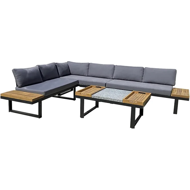 Lounge-Gruppe MERIDA: Aluminium, Akazie, Granit-Tisch, 3-teiliges Set