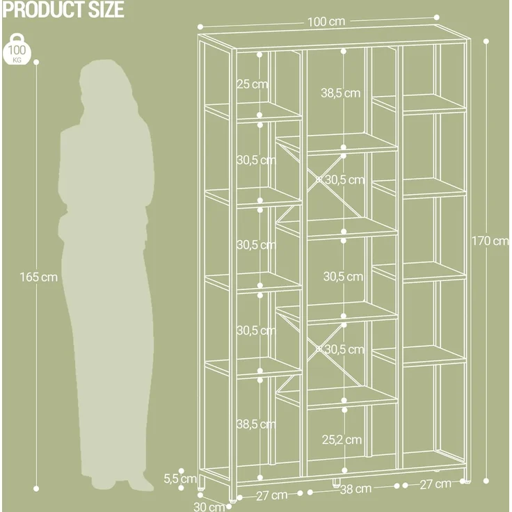 Bücherregal, Standregal mit 6 Ebenen 15 Ablagen, Verstellbare offene Ablagen, für Wohnzimmer, Büro, Schlafzimmer, 30 x 70 x 170cm, Weißeiche und Weiß – Bild 8