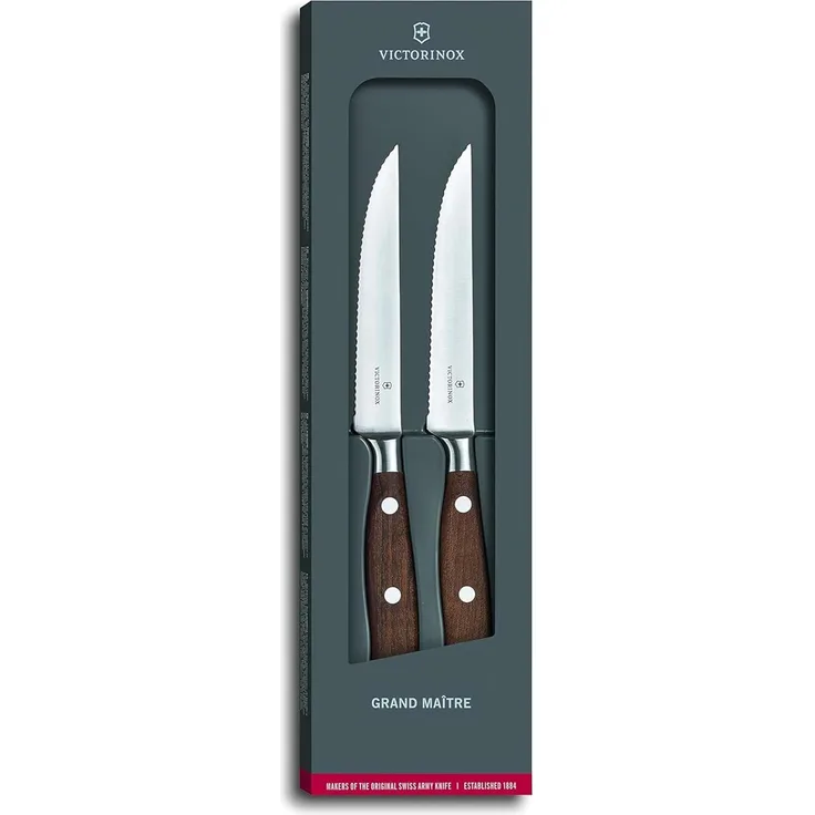 Victorinox 7. 7240. 2W Grand Maître Wood Steakmesser-Set, 2-teilig, Wellenschliff, 12 cm, geschmiedet, Geschenkschachtel, Holz