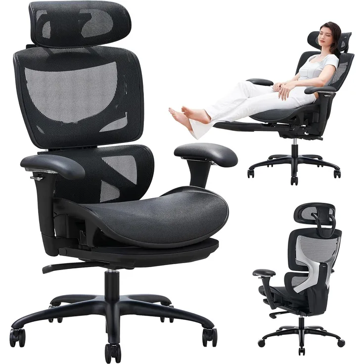 COLAMY Ergonomischer Bürostuhl mit Fußstütze – Chefsessel mit hoher Rückenlehne, Verstellbarer Kopfstütze & 3D-Armlehnen – Atmungsaktives Mesh, dynamische Lendenstütze, höhenverstellbar – Schwarz