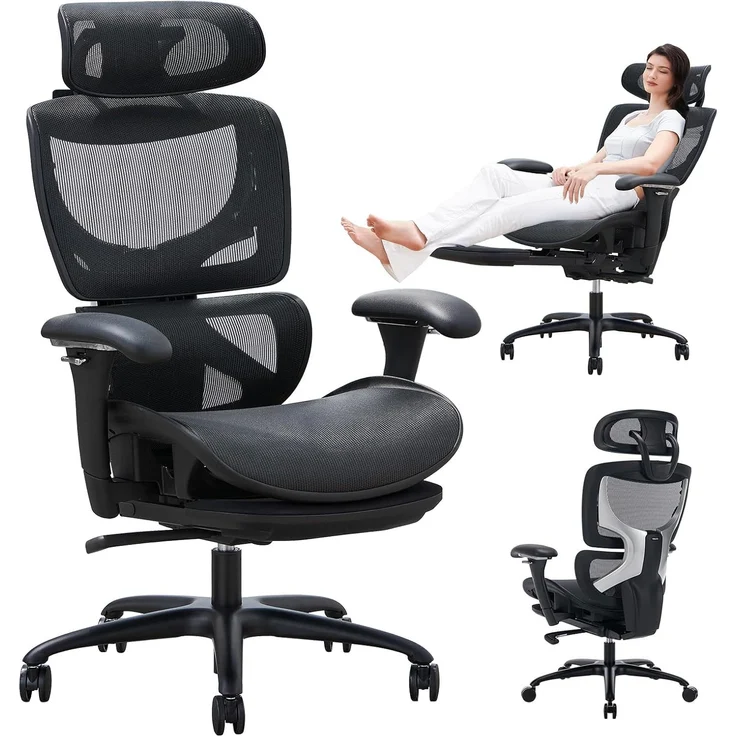 COLAMY Ergonomischer Bürostuhl mit Fußstütze – Chefsessel mit hoher Rückenlehne, Verstellbarer Kopfstütze & 3D-Armlehnen – Atmungsaktives Mesh, dynamische Lendenstütze, höhenverstellbar – Schwarz