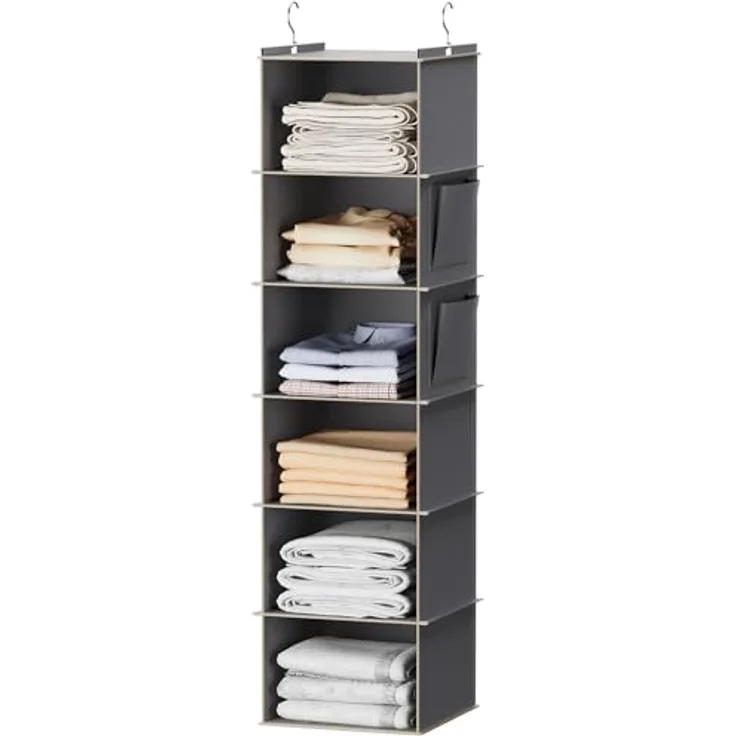 YOUDENOVA Hängeregal Schrankorganizer Stabiler 6 Fächern Kleiderschrank Organizer Ordnungssystem Hängeaufbewahrung mit MDF-Platten und Bambus-Stock verstärkt Grau