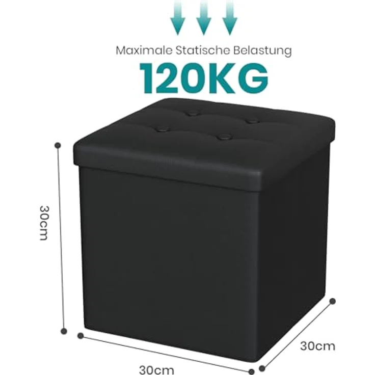 Oak & Tea PU Sitzhocker mit Stauraum, Hocker mit Stauraum, Sitzwürfel Klappbar, Aufbewahrungsbox Hocker, Kleine Sitzbank, Ottomane Sofa Fußhocker, für Wohnzimmer, Schlafzimmer, 30 x 30 x 30 cm, Schwarz – Bild 3