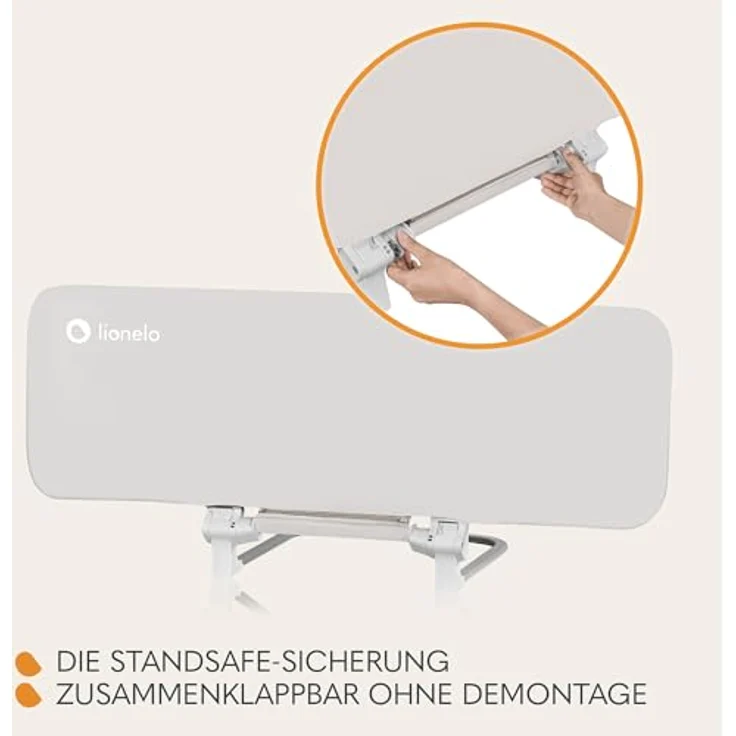 Lionelo Lora Tragbares Bettschutzgitter für Kinder, Neigungsverstellung bis 180°, klappbares Schutzgitter für Bett, 45 cm - 105 cm, StandSafe-Sicherung, Schutz gegen Herausfallen – Bild 7