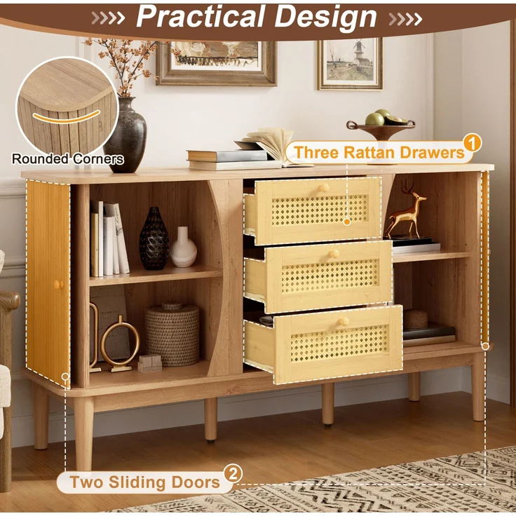 Sideboard 141 x 40 x 77 cm mit 3 Rattanschubladen und Schiebetüren – Natur – Bild 7