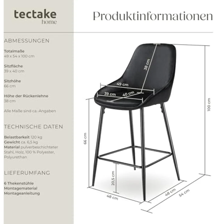 tectake Thekenstuhl Siera, Barhocker aus Samt in Schwarz, 49x100x54 cm, höhenverstellbare Kunststofffüße, Fußstütze, ergonomische Rückenlehne – Bild 3