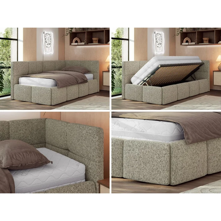 Jugendbett 90x200 ARVO Polsterbett mit Bettkasten, Stauraum & Gasdruckfeder, Modernes Design mit Kopfteil, Pocket Matratze - Dunkelbeige Strukture - VIRE LUX - Rechts Seite – Bild 2