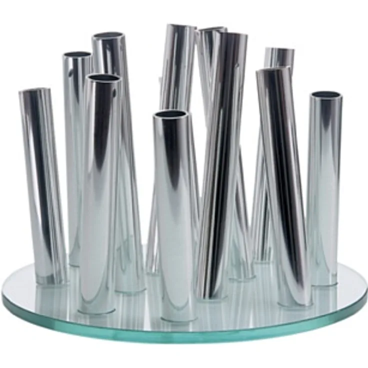 Philippi Bouquet Vase, Designervase mit 12 Minivasen aus poliertem Aluminium für kreative Blumendekoration, klare Glasplatte