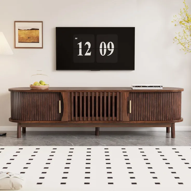 Merax 165cm brauner Lowboard-TV-Schrank, flacher brauner TV-Schrank mit Schiebetür, mit nach unten klappbarer Hohlschranktür, passend für TV-Ständer bis zu 65 Zoll, mit Stützbeinen