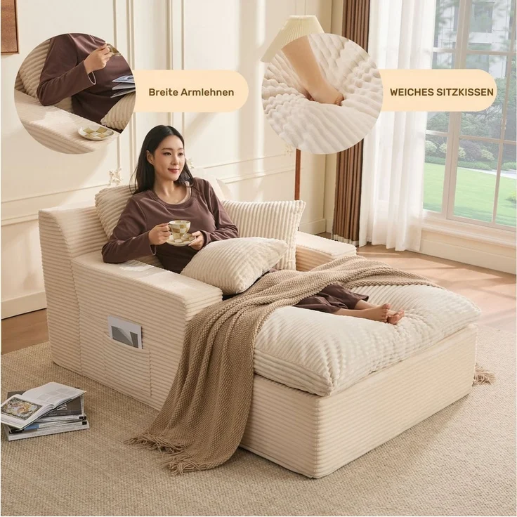 LITBIRD Chaiselongue 160 cm Loungesofa, Boneless Bodensofa & Schlafsofa mit Schlaffunktion, 1 Teile, Platzsparendes Cloud Sofa mit Armlehnen für Wohnzimmer – Bild 4