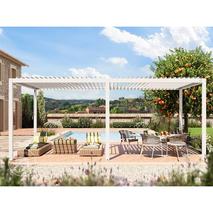 PRIMEYARD Pergola 3x6 m Aluminium-Pfosten mit Lamellendach aus Stahl weiße Terrassenüberdachung – Bild 4