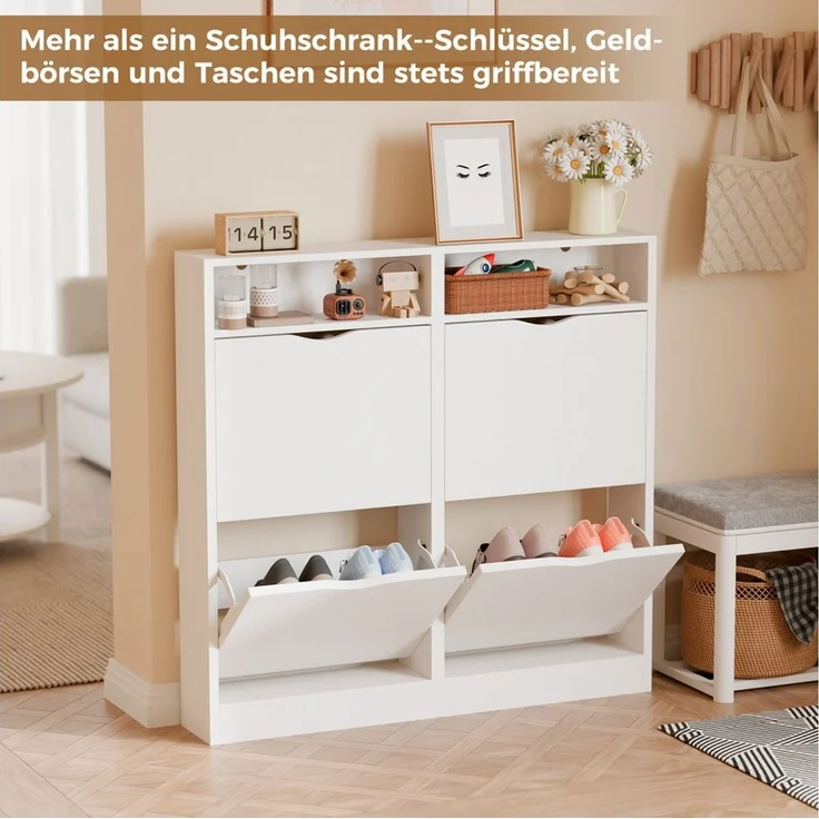 ELUCHANG Schuhschrank Schmal mit 4 Klappen Platzsparender (1-St) 100×17×100cm, weiß – Bild 4