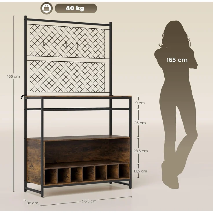 HOMCOM Küchenregal, Standregal mit 5 S-Haken, 2 Ablagen, Metallgitterpaneele, Kaffeebar mit Weinregal, Bäckerregal aus Metallrahmen, Rustikal-Braun, 96,5 x 38 x 165 cm – Bild 3