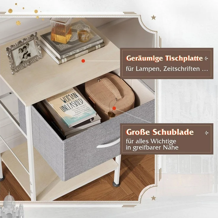 WLIVE Beistelltisch Nachttisch mit Stoffschublade & Ablage, 40×30×63 cm, Metallrahmen (1 Tisch), platzsparender Nachtschrank fürs Schlafzimmer & Wohnzimmer – Bild 4