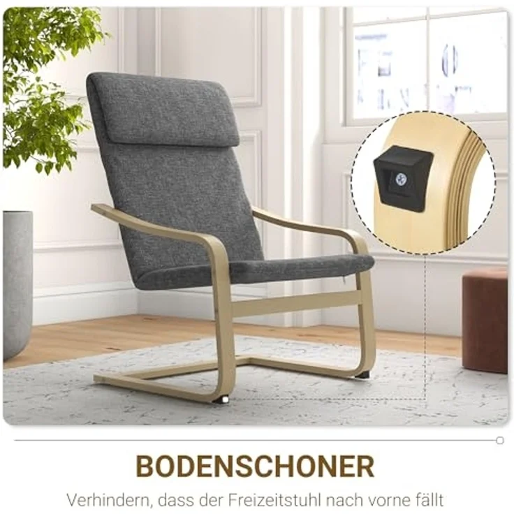 HOMCOM Relaxsessel, Ruhesessel, Relaxstuhl mit Leinenoptik, Schwingstuhl, Esszimmerstuhl mit Kopfkissen für Wohnzimmer, Birkenholz 66,5 x 80 x 99 cm, Dunkelgrau – Bild 7