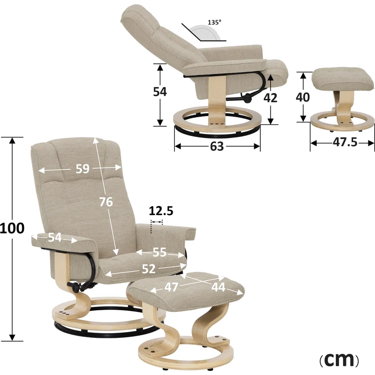 M MCombo Relaxsessel mit Hocker, 360° Drehbarer Fernsehsessel mit Liegefunktion, bis 120 Kg Belastbarer TV-Sessel, Moderner Ruhesessel für Wohnzimmer, Stoff, 9019 (Beige-Stoff) – Bild 3