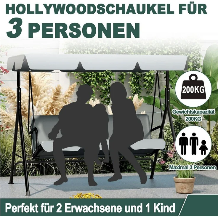 FIVMEN Hollywoodschaukel Gartenschaukel 3-Sitzer Gartenliege Schaukelbank Garten Schaukel, 193 x 110 x 152 cm, Metall Hängeschaukel mit Verstellbarem Sonnendach Liegefunktion – Bild 2