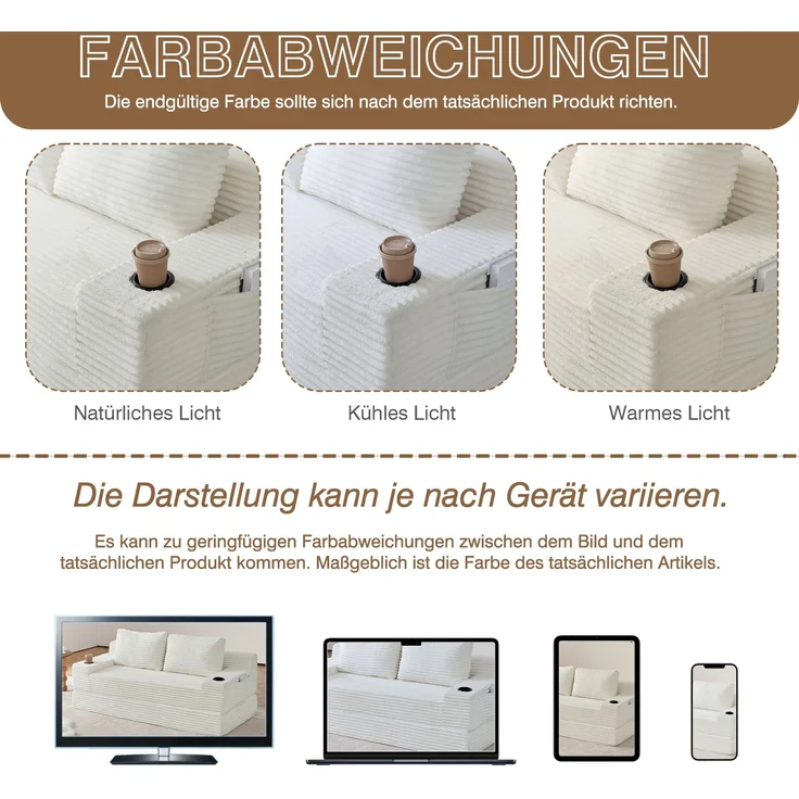 ZUBALIYA Sofa mit LED - Beleuchtung, mit Stauraum, mit Cordbezug, mit breiten Armlehnen, ohne aufwendige Montage – Bild 24