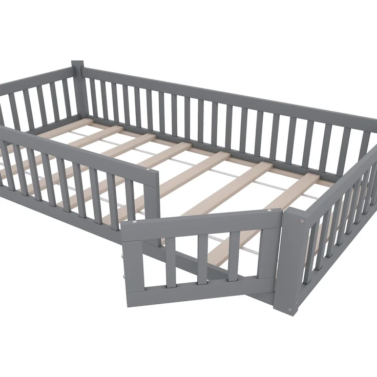 Haus-Kinderbett 90×200cm mit Schornstein-Kopfteildesign, umlaufendes Absturzsicherheitsgitter & Lattenrost, Kiefer + E1-MDF, Grau, ohne Matratze, Gesamt B205 × T95 × H138,7 cm – Bild 9