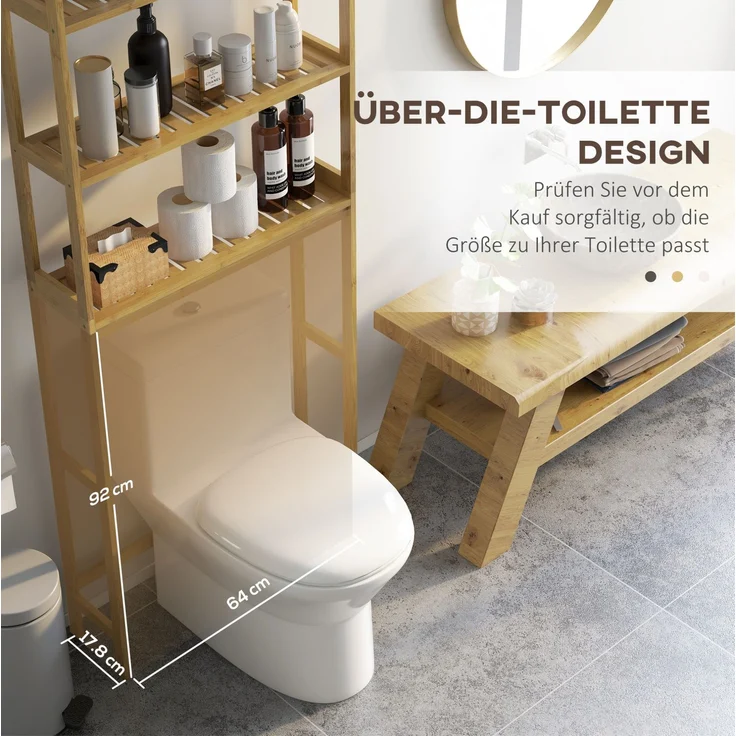Toilettenregal 68 x 20 x 165 cm aus Bambus mit 3 offenen Ablagen und Kippschutz – Bild 4