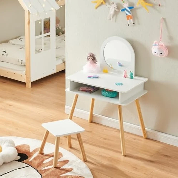 [en. casa] 'Ovanåker' Kinderschminktisch mit Hocker, Holz weiß / natur, 62 x 91,5 x 43,5 cm – Bild 2